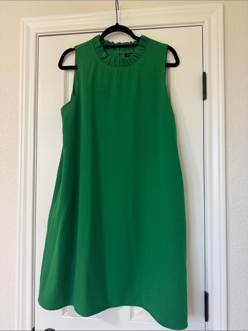41 Hawthorn Emerald Green Sleeveless Green Ruffle-Neck Shift Dress, Pockets, L